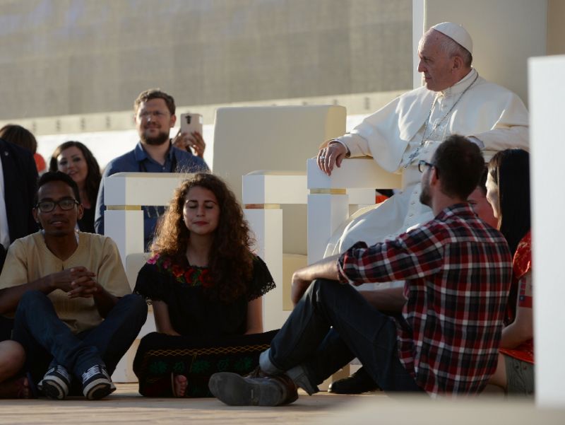 Pope Francis warned on July 30, 2016 that sitting on a sofa gives illusion of safety from pain, fear or worries, allowing the sitter to kick back and lose themselves for hours in the latest television show or their smartphones. Photo by AFP