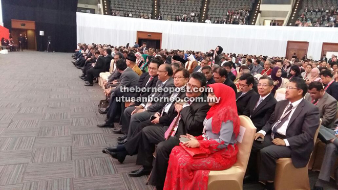 Abang Johari (front row, third right) at the opening ceremony of WIEF in Jakarta yesterday. Also seen are Misnu (second row, right) and Ismawi (second row, second right).