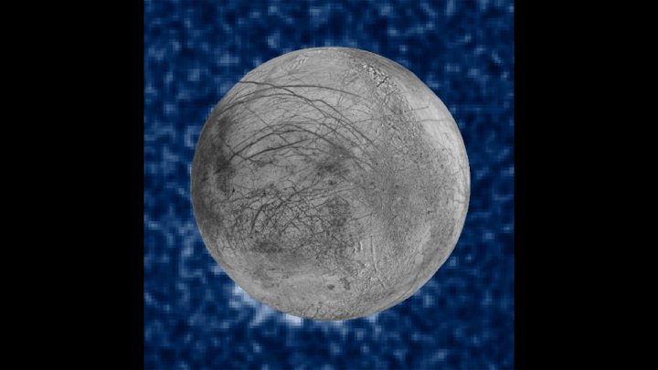 This composite image released by NASA September 26, 2016 shows suspected plumes of water vapor erupting on the bottom left of Jupiter’s moon Europa. NASA/AFP Photo