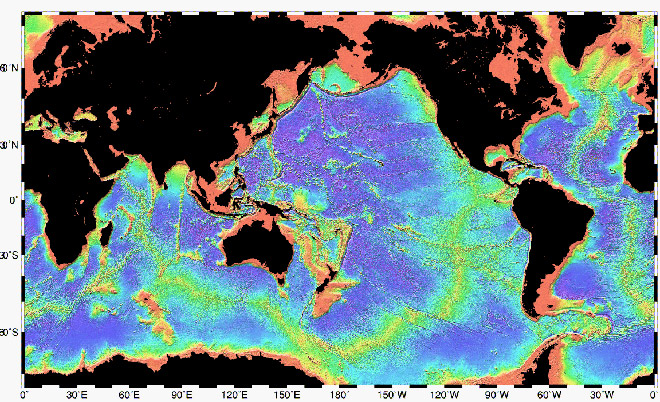 Map shows the mid-ocean ridge system, in yellow-green, in the Earth’s oceans. – Images from the National Oceanic and Atmospheric Administration (NOAA)