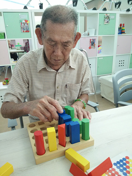 Activities such as fitting coloured wooden blocks into their appropriate slots help reinforce cognitive skills.