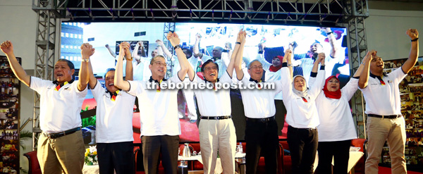 In roaring spirits are (from left) Anthony Nogeh, Joseph Entulu, Fadillah, Abang Johari, Richard Riot, Nancy Shukri and Rohani Karim.