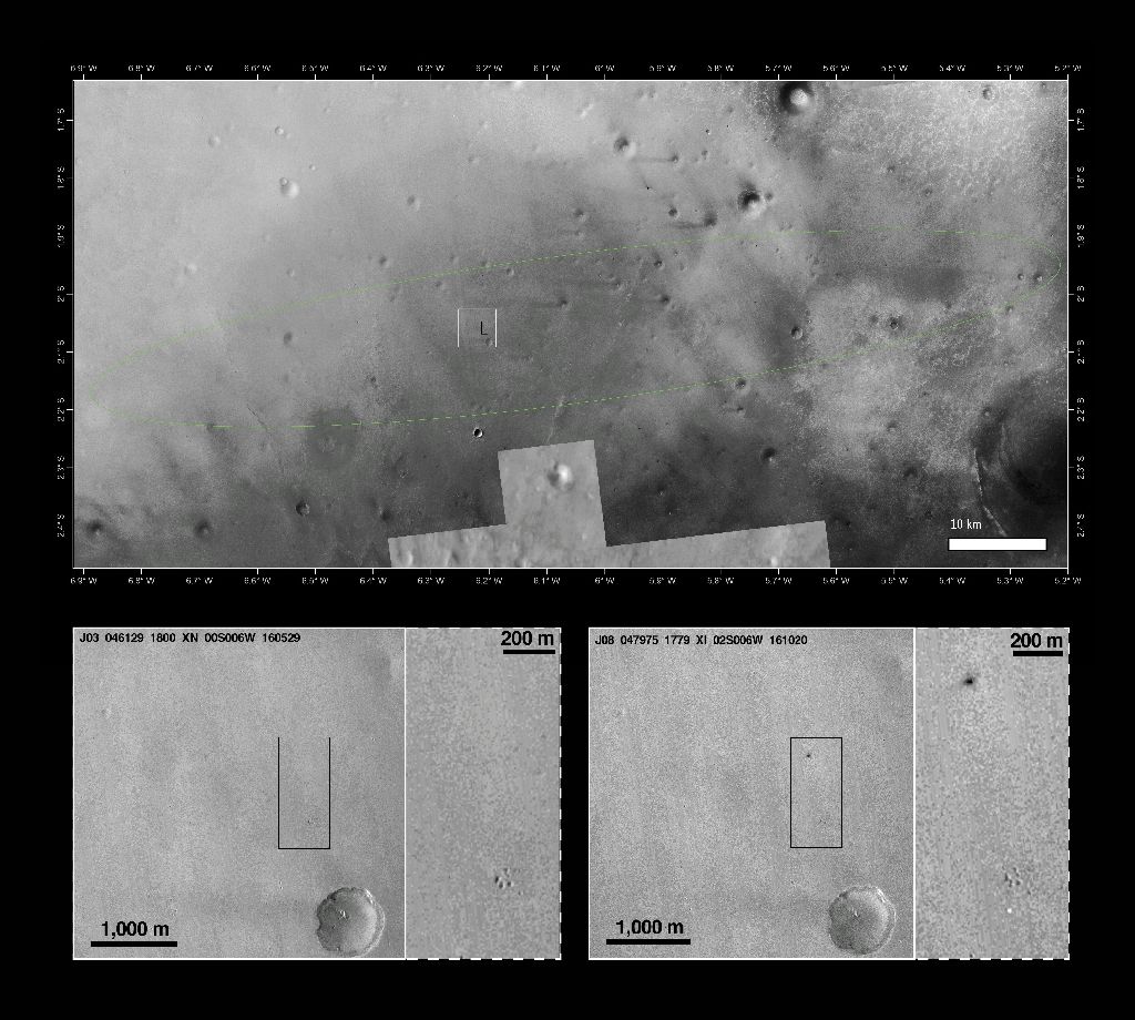 The landing site of the Schiaparelli module within the predicted landing ellipse in a mosaic of images (up) and before-and-after images (down) from NASA's Mars Reconnaissance Orbiter NASA's 2001 Mars Odyssey orbiter. AFP Photo