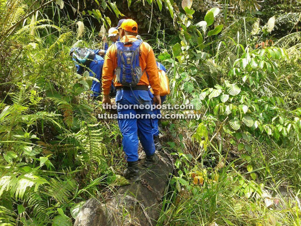 Civil Defence Force personnel comb the trail leading to the jungle as they look for other leads.