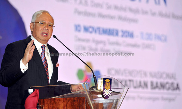 Najib delivering a speech when closing the National Convention on Race Unification at Universiti Teknologi Mara (UiTM) in Shah Alam. — Bernama photo