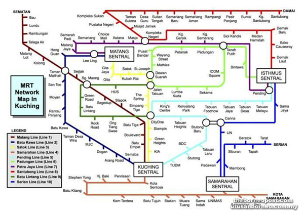 The viral ‘MRT Network Map in Kuching’ depicts 10 MRT lines interlinking the city centre with many areas via what appears to be four major hubs – Kuching Sentral, Matang Sentral, Isthmus Sentral and Samarahan Sentral.