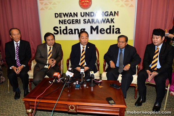 Wong (centre) speaking during the press conference while (from left) UPP senior vice president Datuk Tiong Thai King, UPP deputy president Datuk Dr Jerip Susil, UPP senior vice president Datuk Ranum Mina and youth chief Dr Johnical Rayong Ngipa look on. — Photo by Tan Song Wei
