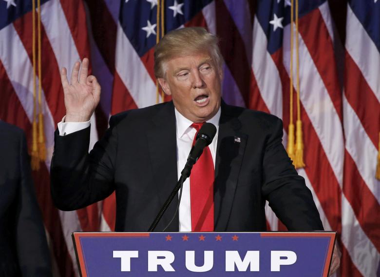 U.S. President elect Donald Trump speaks at election night rally in Manhattan, New York, U.S., November 9, 2016. REUTERS/Mike Segar