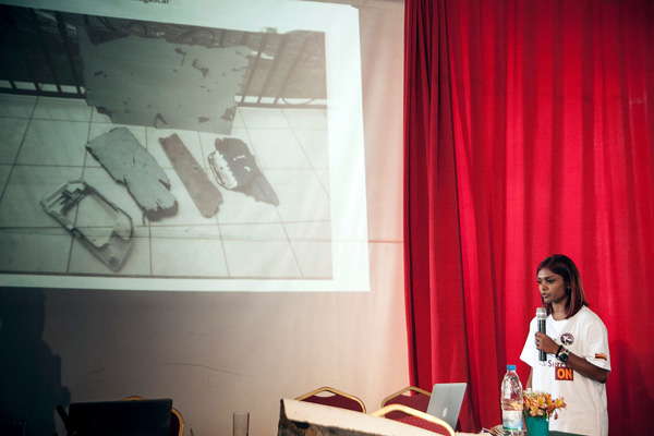 Nathan, who lost her mother in the MH370 flight, gives a press conference in Antananarivo. — AFP photo