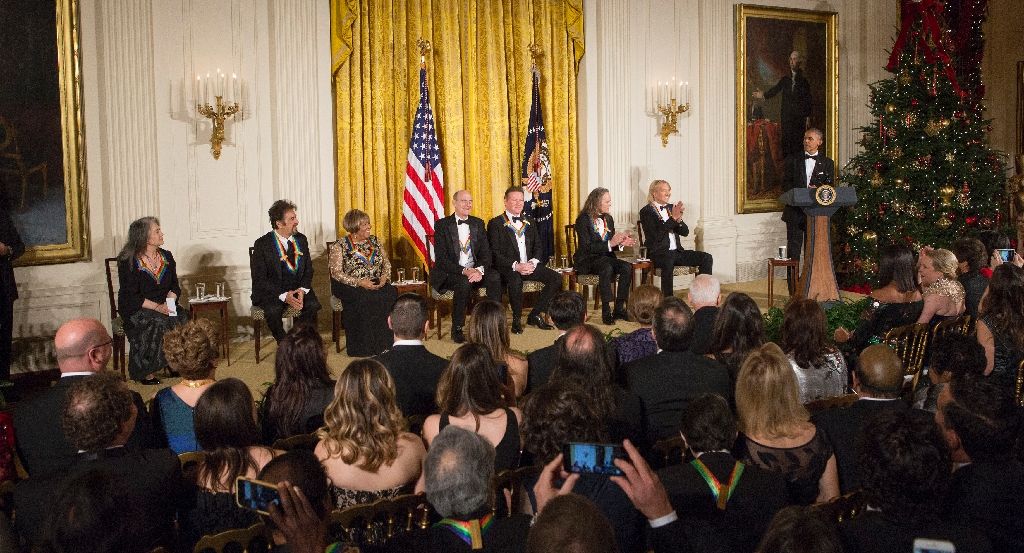 (From left) The 2016 Kennedy Center Honorees: pianist Martha Argerich; actor Al Pacino: singer Mavis Staples; musician James Taylor; members of the Eagles: Don Henley, Timothy B. Schmit and Joe Walsh participate in a reception at The White House.