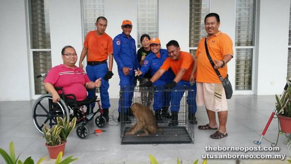 Lai (right) with the Civil Defence personnel and the monkey. 