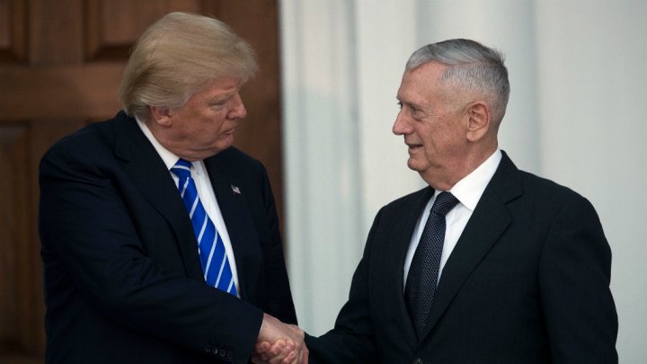 This file photo taken on November 19, 2016 shows US President-elect Donald Trump with retired US Marine Corps General James Mattis after a meeting in Bedminster, New Jersey. AFP File Photo