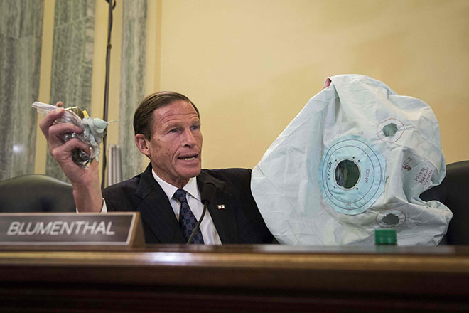 File photo shows US Senator Richard Blumenthal holding up an airbag and inflator during a Senate  hearing entitled ‘Update on the Recalls of Defective Takata Air Bags and NHTSA’s Vehicle Safety Efforts,’ on Capitol Hill, in Washington, DC.  — AFP photo