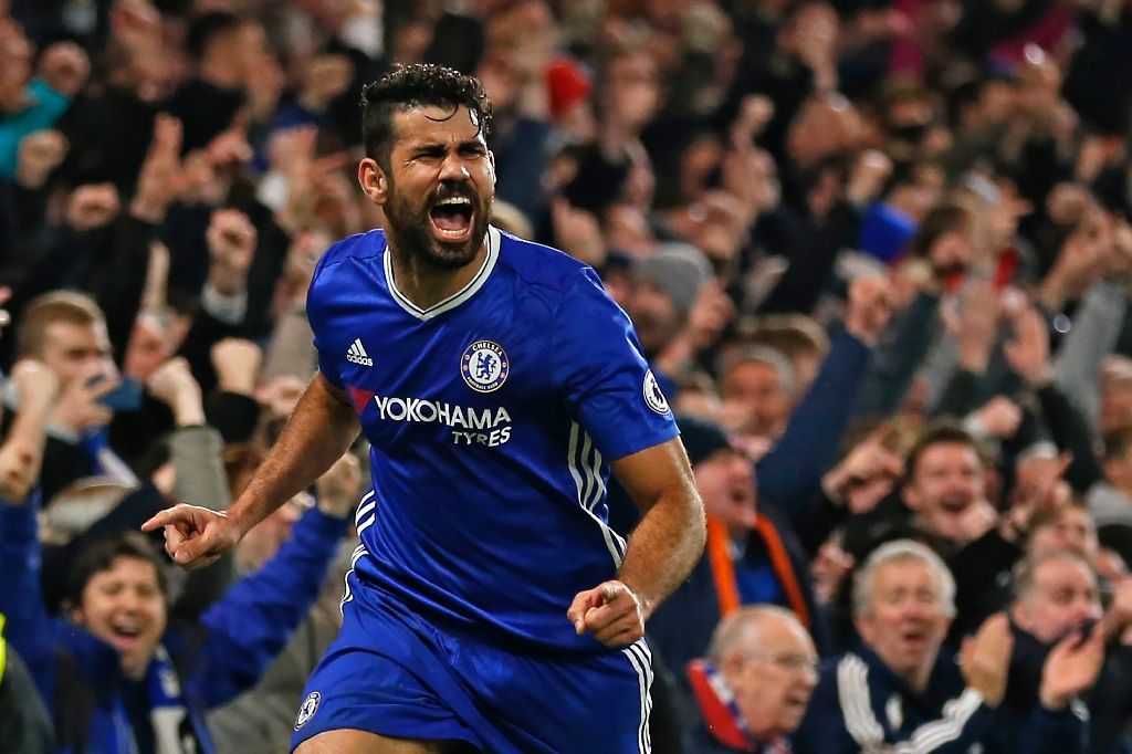 Chelsea's striker Diego Costa celebrates after scoring their fourth goal during the English Premier League football match between Chelsea and Stoke City at Stamford Bridge in London on Dec 31, 2016. AFP Photo