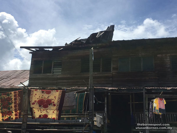 One of the units at Rumah Lasah Mering, where the roof was damaged by strong winds during the Wednesday night storm.