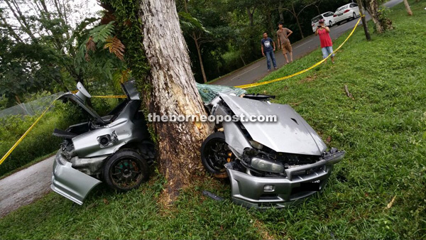 The student’s car at the scene of the accident at Jalan Bukit Timbalai.