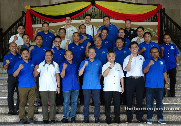 Fadillah (centre, front row) and Youth leaders of state BN component parties pose after the meeting. Also seen is Umno Youth secretary Datuk Mohamad Sahfri Ab Aziz (right, front row). — Photo by Jeffery Mostapa 