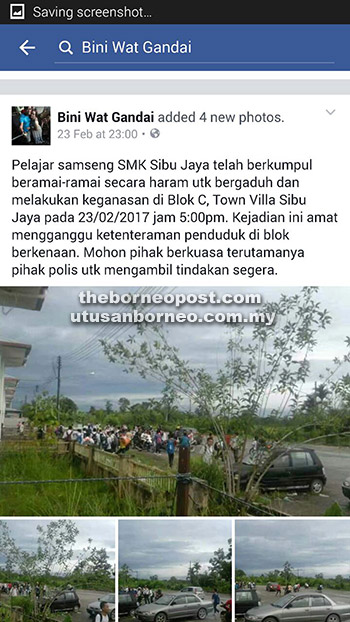 A screenshot of the Facebook posting by account holder Bini Wat Gandai showing a group of students assembling at Town Villa in which he assumed they were going to fight. 