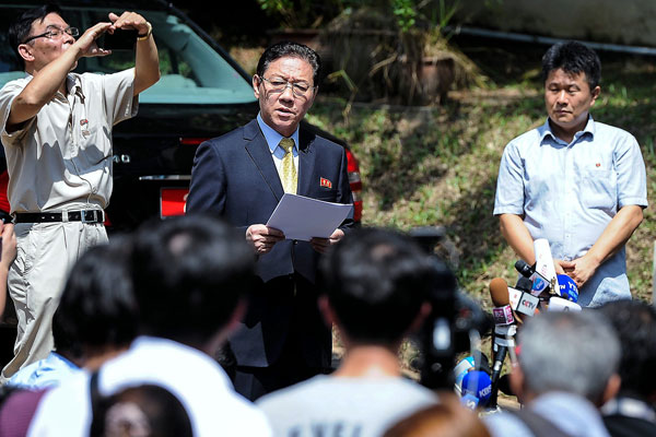 Kang Chol (centre) speaking at a press conference seeking a joint investigation with Malaysia into the murder of Kim Jong Nam, estranged half-brother of North Korean leader, Kim Jong-un. — Bernama photo