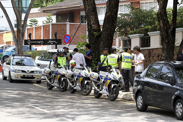 Police patrolling the areas outside the North Korean Embassy at Bukit Damansara, Kuala Lumpur. — Bernama photo