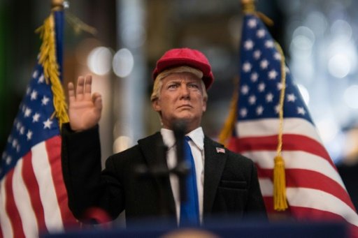 A prototype figurine replica of US President Donald Trump, made by toymaker Dragon in Dream (DiD), is displayed at Hong Kong toy shop Seven, on Feb 3, 2017. AFP Photo