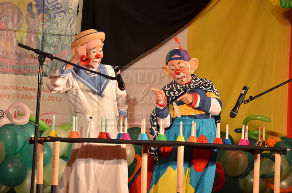 MUSICAL TALENT: These clowns perform using bells as part of their repertoire.