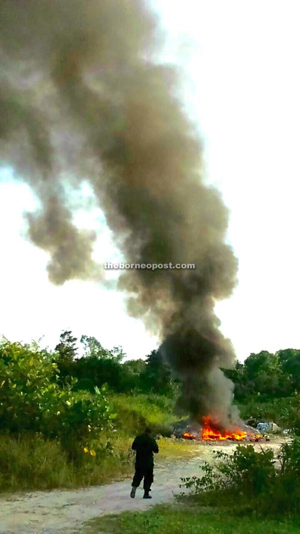 The mass burning of unused tyres in Sungai Bidut has caused many residents worry about possible bushfires.