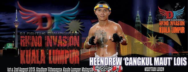 The D1 Fighting Championship (D1FC)’s Rhino Invasion Kuala Lumpur tournament promotional fliers featuring Heendrew.