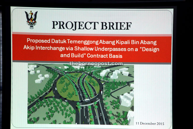 A slide shows the interchange project at Datuk Abang Haji Kipali Roundabout. — Photo by Chimon Upon