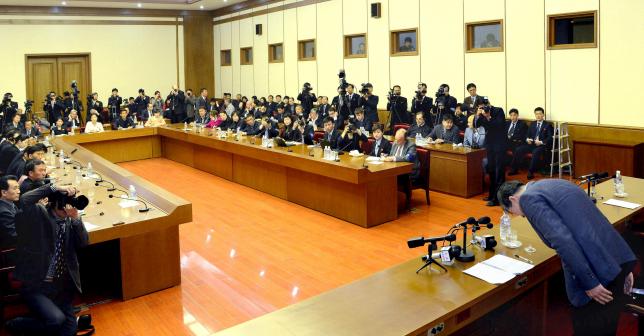 A man, who identified himself as Kim Dong Chul, previously said he was a naturalised American citizen and was arrested in North Korea in October, attends a news conference in Pyongyang, North Korea, in this undated photo released by North Korea's Korean Central News Agency (KCNA) in Pyongyang March 25, 2016. REUTERS/KCNA