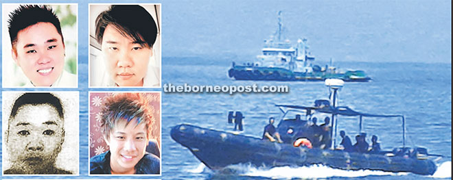 The tugboat has been held by Tawau Marine Police for investigation. (Inset, bottom) A file photo of the tugboat. (Clockwise from top left) Wong Teck Kang, Wong Teck Chii, Johnny Lau Jung Hien and Wong Hung Sing. 