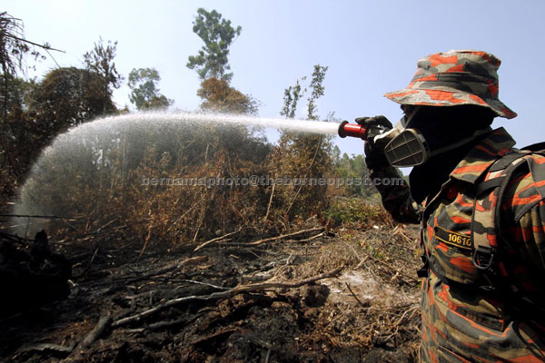 A fireman trying to put out the peat forest fire at at Kampung Sungai Ular. — Bernama photo