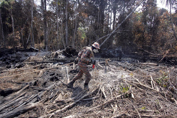 A fireman pulling a hose to extinguish the peatland forest fire near Sungai Ular, Kuantan yesterday. — Bernama photo    