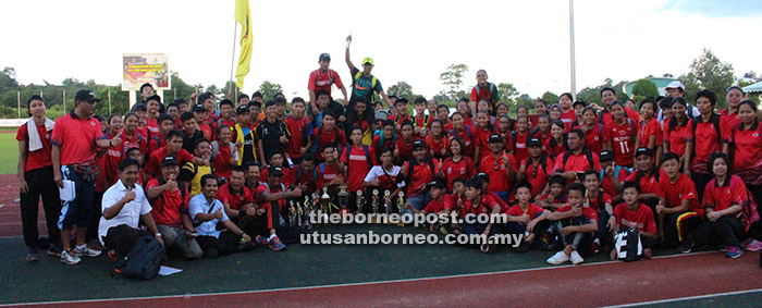 The Miri contingent with Koh (second left, front row) celebrating at Unimas Stadium on Friday.