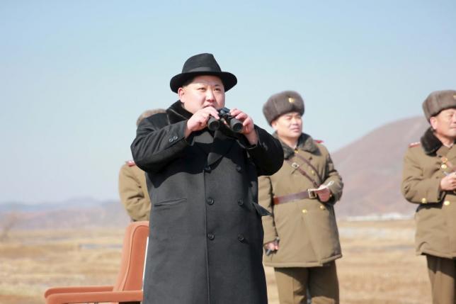 North Korean leader Kim Jong Un inspects a flight drill of fighter pilots from the Korean People's Army's (KPA) Air and Anti-Air Force, in this undated photo released by North Korea's Korean Central News Agency (KCNA) in Pyongyang on February 21, 2016. REUTERS/KCNA