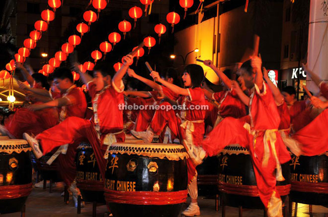 A cultural troupe beating traditional drums to celebrate the 24 seasons in the lunar calendar.