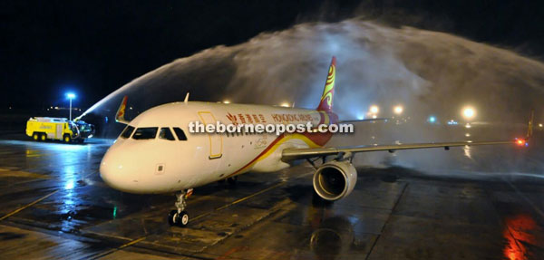 The Hong Kong Airline’s plane was greeted with the aviation industry’s ‘water salute’ while taxing into the KIA parking apron yesterday.