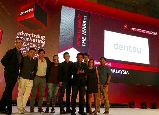 Dentsu Malaysia was crowned the Overall Creative Ideas MARKie winner for recording the most Best Ideas wins at the Advertising + Marketing Magazine’s 7th Annual Agency of the Year Awards 2016 held in Kuala Lumpur recently. 