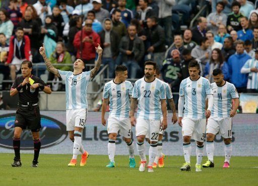 Argentina's Victor Cuesta (L) celebrates after scoring against Bolivia during their Copa America Centenario Group D match, in Seattle, Washington, on June 14, 2016 