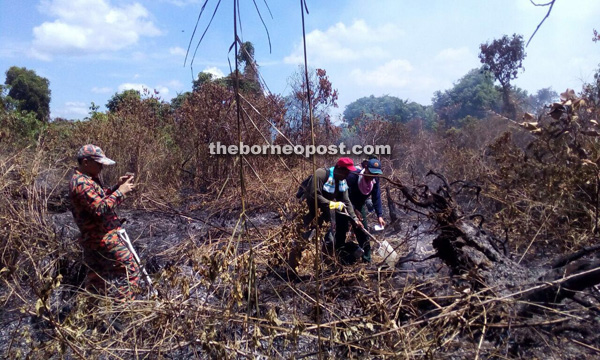 Firefighters hard at work putting out the wild fire at Kinabatangan.