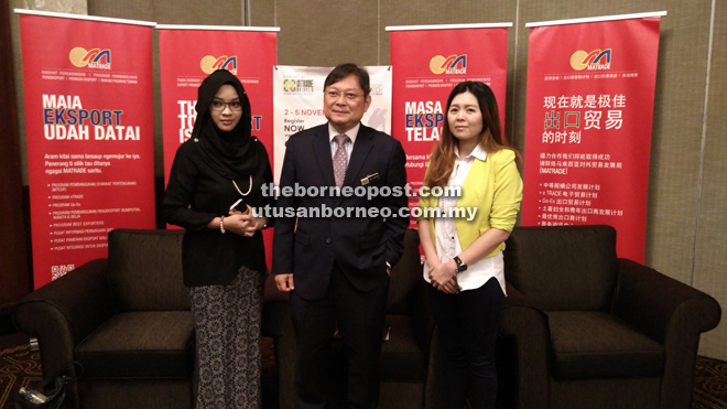 Abu Bakar is seen with Matrade Sarawak director Leany Mokhtar and Elite Sales and Marketing director Celeste Lim after the press conference. 