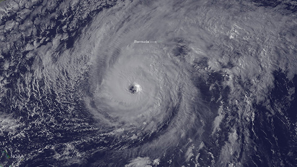 Satellite image from the National Oceanic and Atmospheric Agency (NOAA) shows Hurricane Nicole approaching Bermuda on Oct 12. Send out an aircraft and drop a bomb on the hurricane to disperse the core and thereby reduce the strength of the storm. – AFP photo