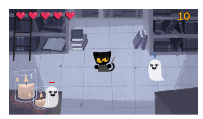 A screenshot of Google's Halloween 2016 Doodle, which features an interactive game with simple controls and gameplay.