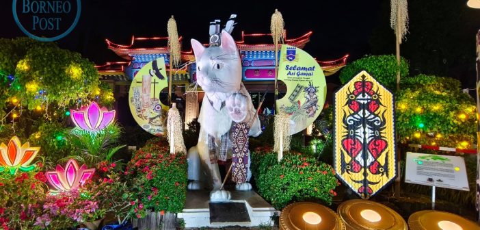 Kuching’s iconic White Cat statue dressed up in eco-friendly deco for Gawai